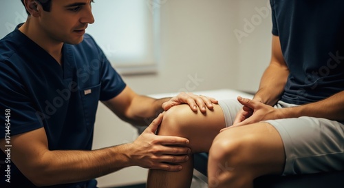Physiotherapist examining a male patient's knee joint in a clinic