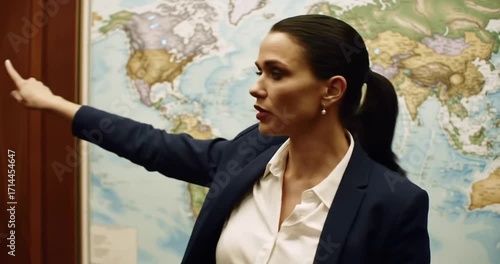 Wallpaper Mural Businesswoman presenting a global map in office Torontodigital.ca