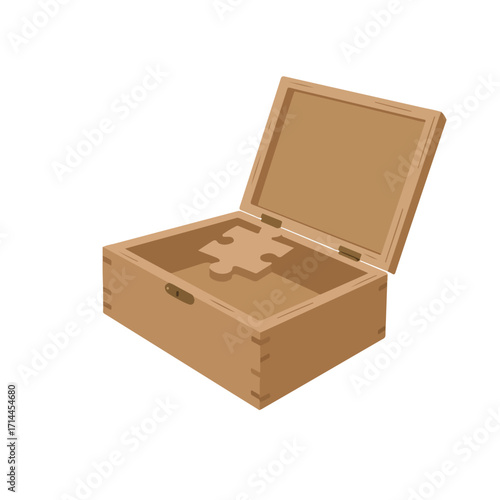 Open brown wooden box with a puzzle piece shape cut-out in the bottom on a white background