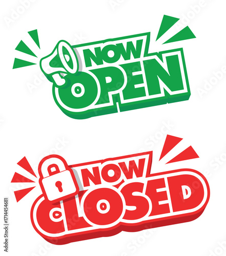 Lettering now open closed with lock or megaphone for door sign. Vector template on transparent background