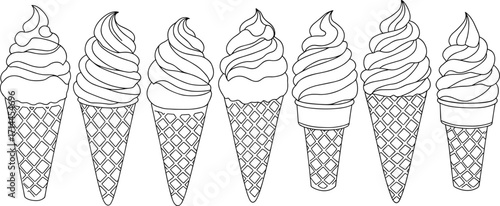 Outline Illustrations of Various Ice Cream Cones in Waffle Cups dessert sweet