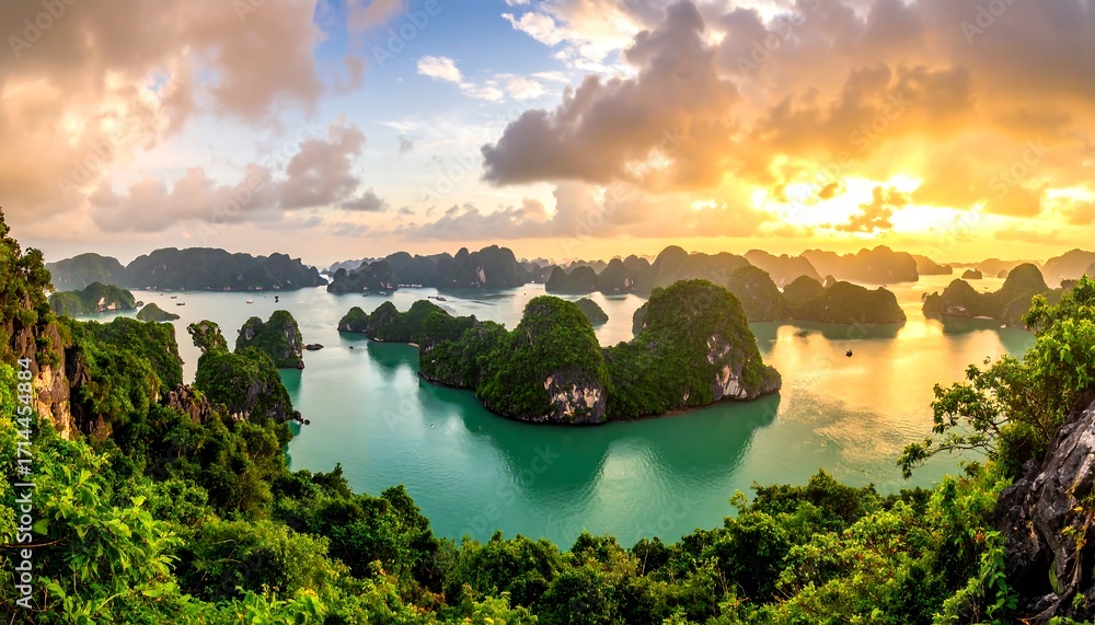 Fototapeta premium Panoramic sunset view of lush islands and turquoise water