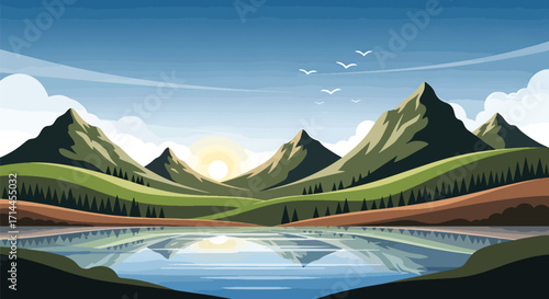 Vector illustration of mountain valley with pine trees and river, symbolizing wilderness, adventure, and exploration.