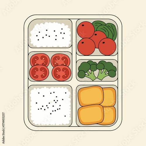 A stylized top-down illustration of a packed bento box with rice, vegetables, and proteins