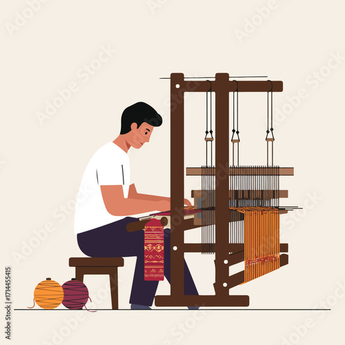 Person weaving on loom, showing intricate textile creation with yarn balls nearby