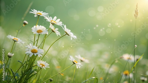 Fresh spring daisy field with bright white petals and soft green bokeh copy space