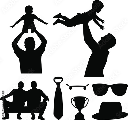 Silhouette father lifting child and other objects on white background Keywords: father, child, baby, son, daughter, lifting