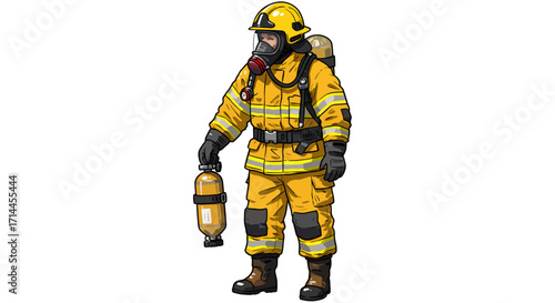Illustration of a firefighter in full gear holding an oxygen tank, against a white background, in a flat style with yellow and black tones conveying a serious mood.