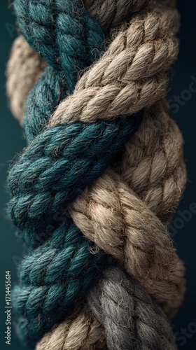 Close-up of a tightly interwoven rope, showcasing a teal, beige, and gray three-strand braid against a dark background; texture is prominent