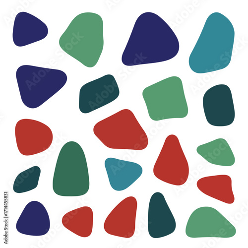 Abstract pattern with red, green, blue irregular shapes, on a plain white background