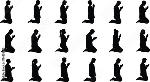 Silhouettes of men and women kneeling in prayer on a white background praying people