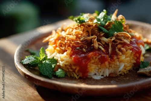 Traditional Egyptian Koshari Dish with Layers and Spices
