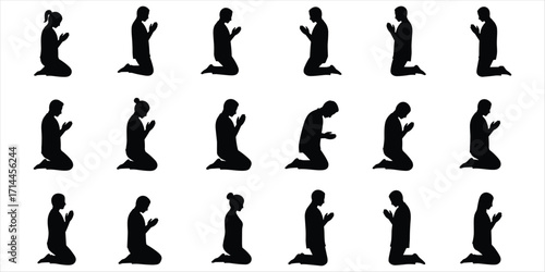 Silhouettes of people kneeling and praying in prayer on a white background vector illustration