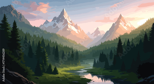 Vector illustration of pine forest with mountains at sunrise, symbolizing adventure, wilderness, and natural exploration.