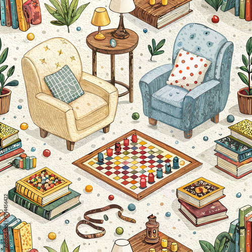 Seamless pattern of board games and books in cozy intimate spaces on a neutral background
