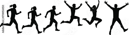 Silhouettes of runners and jumpers in various dynamic poses on white background Keywords: running, jumping, people, silhouette