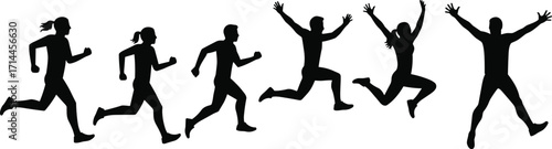 Silhouettes of six people running and jumping in various dynamic poses on a white background action