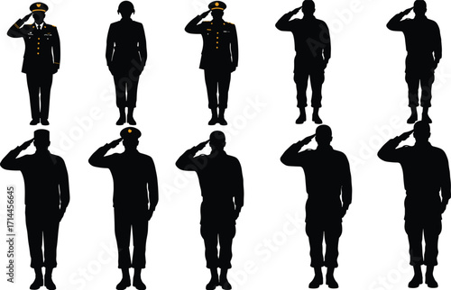 Silhouettes of soldiers in uniform saluting on a white background military salute