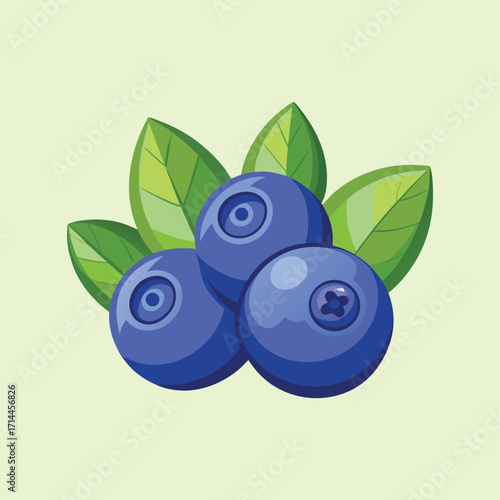 Three perfectly ripe blueberries with fresh green leaves on a light green background