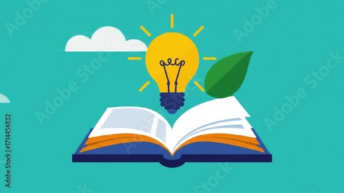 Open book with a light bulb and leaf symbolizing knowledge and sustainability