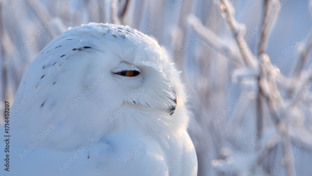 Fototapeta premium Snowy Owl Portrait: Serene Winter Wildlife Close-up, Soft Light, Arctic Beauty