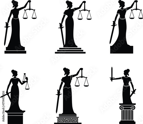 Six Silhouettes of Lady Justice Holding Scales and Sword on White Background Keywords: justice, lady justice, scales, sword, law