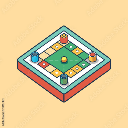 Isometric view of a Ludo board with playing pieces and dice concept