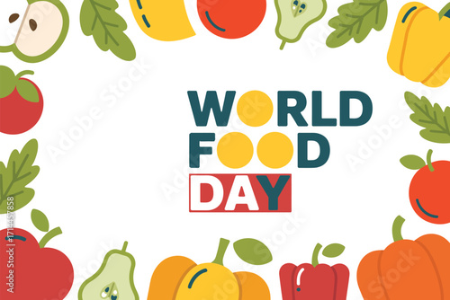 Colorful assortment of fresh fruits and vegetables framing "World Food Day" text