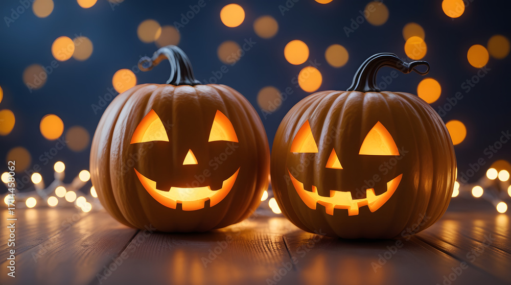 Fototapeta premium Halloween Jack-o’-Lanterns Poster – Glowing Pumpkins with Warm Autumn Lights