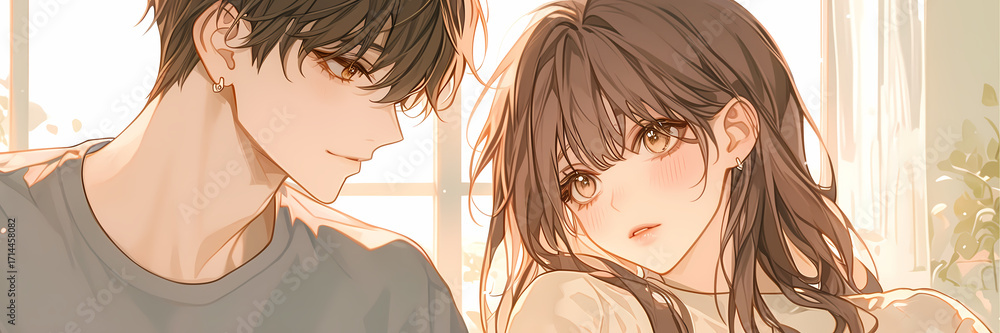 Naklejka premium K-Pop Romance Korean Manga Illustration of a Young Couple Hanging Out Banner
