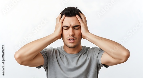 Young man suffering from headache, stress, or anxiety, holding head with both hands, eyes closed, expressing pain and discomfort.