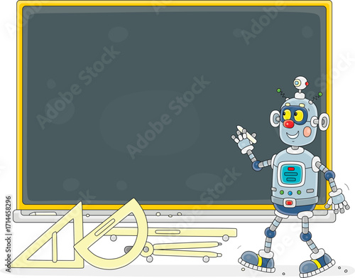 Cartoony robot writing with chalk on a class blackboard during a lesson in a school, vector cartoon illustration on a white background