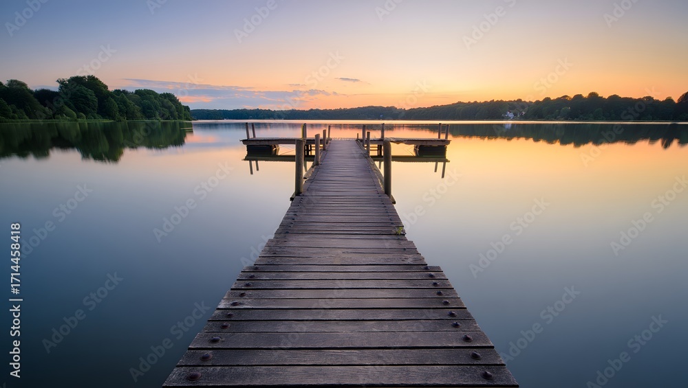 Naklejka premium Serene Sunset: Wooden Dock Extending into Calm Lake Waters at Golden Hour