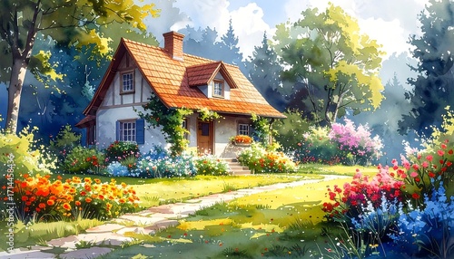 A Charming Watercolor Cottage Garden Scene