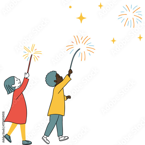 Joyful children light sparklers under a vibrant fireworks display celebrating special moments