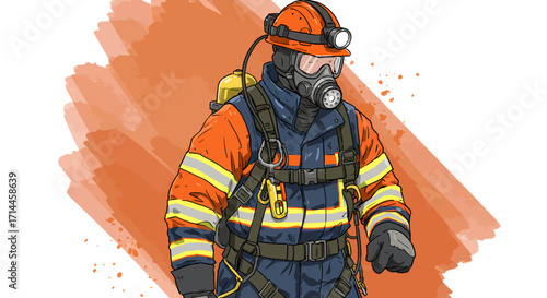 Close-up illustration of a firefighter in full protective gear, including helmet and respirator, against a textured orange background, conveying a serious and protective