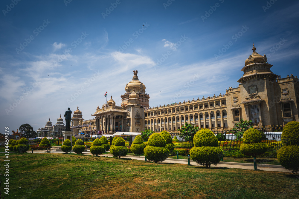 Fototapeta premium Front view of Vidhan Soudha in Bangalore, Karnataka. Vidhana Soudha as it is popularly known, houses the Legislative Assembly of the State of Karnataka