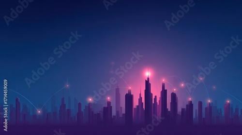 Futuristic city grid with illuminated connection points, blending purple and blue hues for a tech-inspired look.