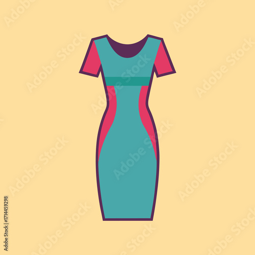 Elegant teal and pink sheath dress illustration with geometric style and outline