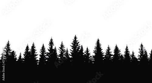 Black silhouette of forest treetops on white background, symbolizing wilderness, calm, and outdoor adventure.