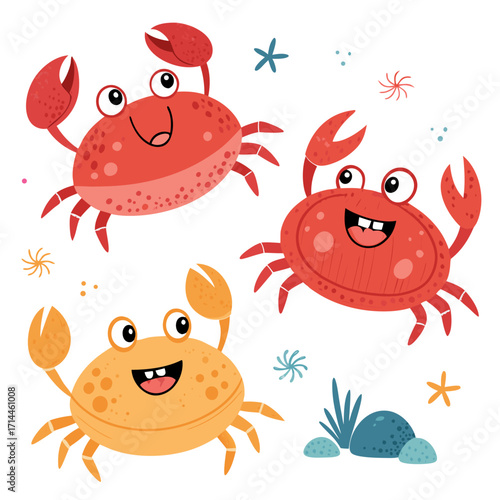 vector illustration set of cute happy crab