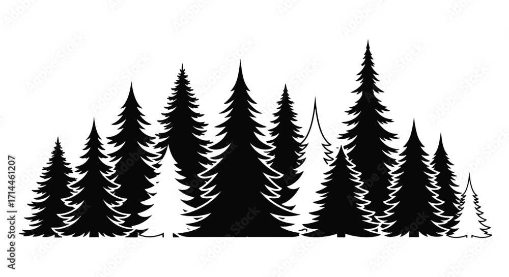 Obraz premium Black and white silhouette of pine trees in grouped formation, symbolizing wilderness, eco harmony, and outdoor calm.