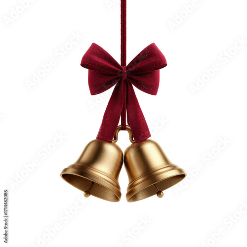 Two elegant golden bells, suspended gracefully by a rich crimson bow, symbolize the festive spirit of the holiday season. This photorealistic render evokes warmth, charm, and celebration.