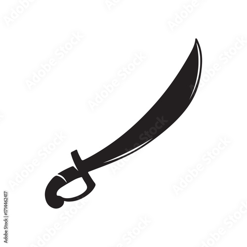 Black Silhouette of a Curved Sword, Scimitar Design on White Background