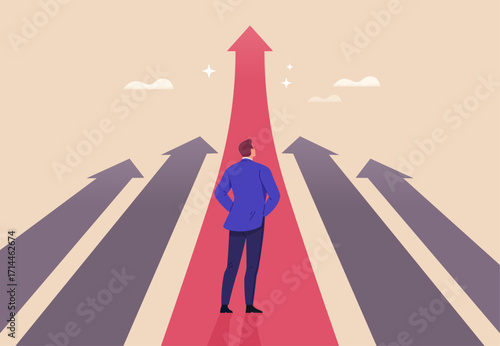 Success Path Concept. Vector cartoon illustration of a businessman choosing the right way among many arrows, moving confidently forward on the highlighted path to achievement and growth.