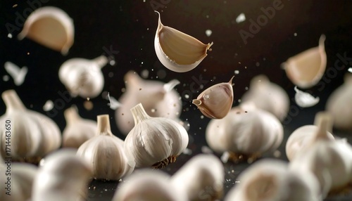 Close-up, dynamic composition showcasing garlic bulbs and cloves, with an abundance of the vegetable suspended in the air, creating a feeling of freshness