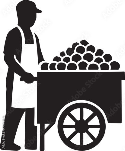 Street vendor icon in black silhouette with produce cart and apron for market, labor, and urban commerce design themes