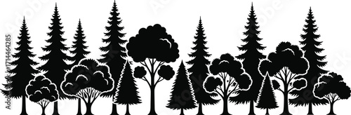 Black forest silhouette with diverse coniferous and deciduous trees, detailed foliage and rocky ground, vector illustration for nature, landscape, and outdoor design