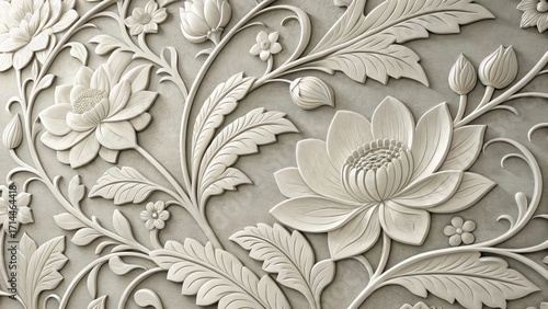 Intricate floral relief carving with detailed petals and leaves