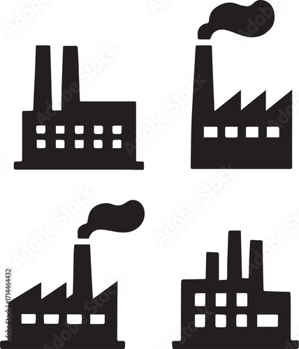 Factory icon set in black silhouette with industrial buildings and chimneys for manufacturing, urban, and environmental themes